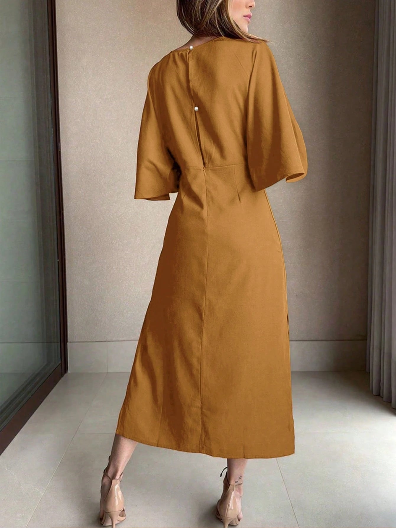 Women's Solid Color Waist Knot 3/4 Sleeve Elegant Midi Dress shein