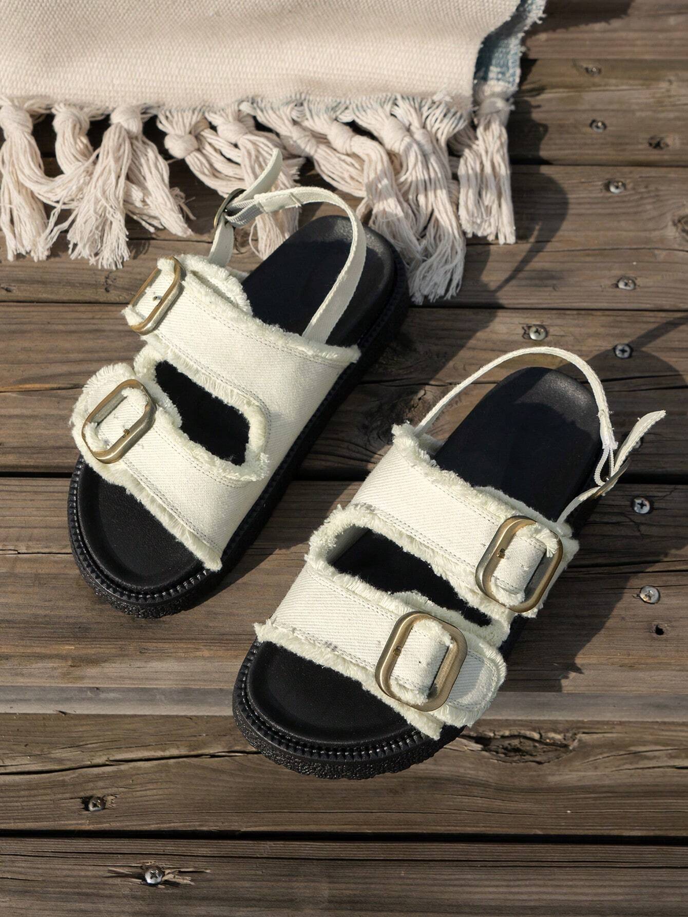 Women's Bohemian Printed Thick Heel Wedge Sandals With Tassel Trim And Buckle Strap shein