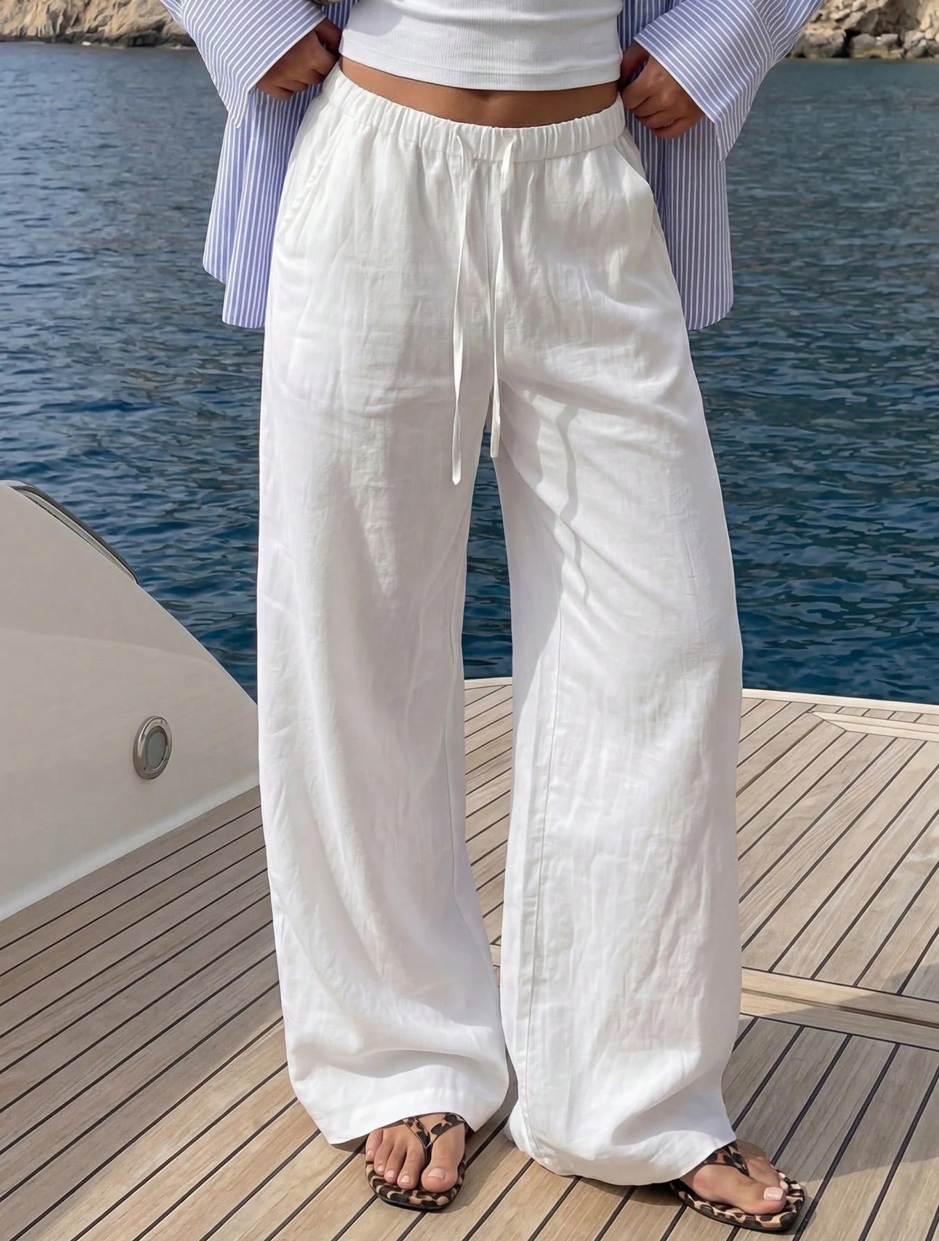 Faux Linen Drawstring Waist Wide Leg Long Pants