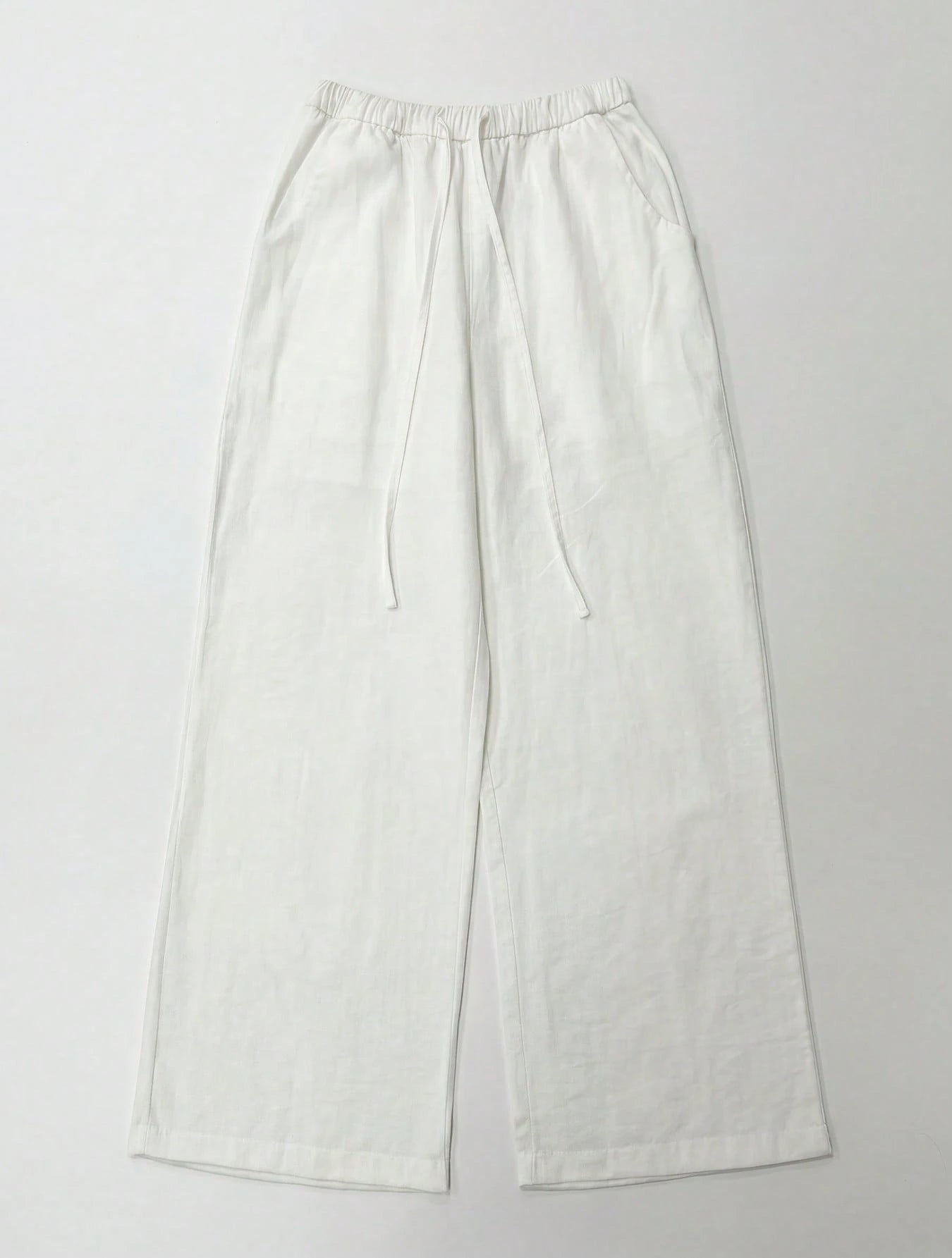 Faux Linen Drawstring Waist Wide Leg Long Pants