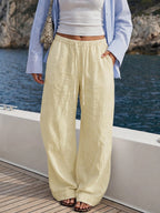 Faux Linen Drawstring Waist Wide Leg Long Pants