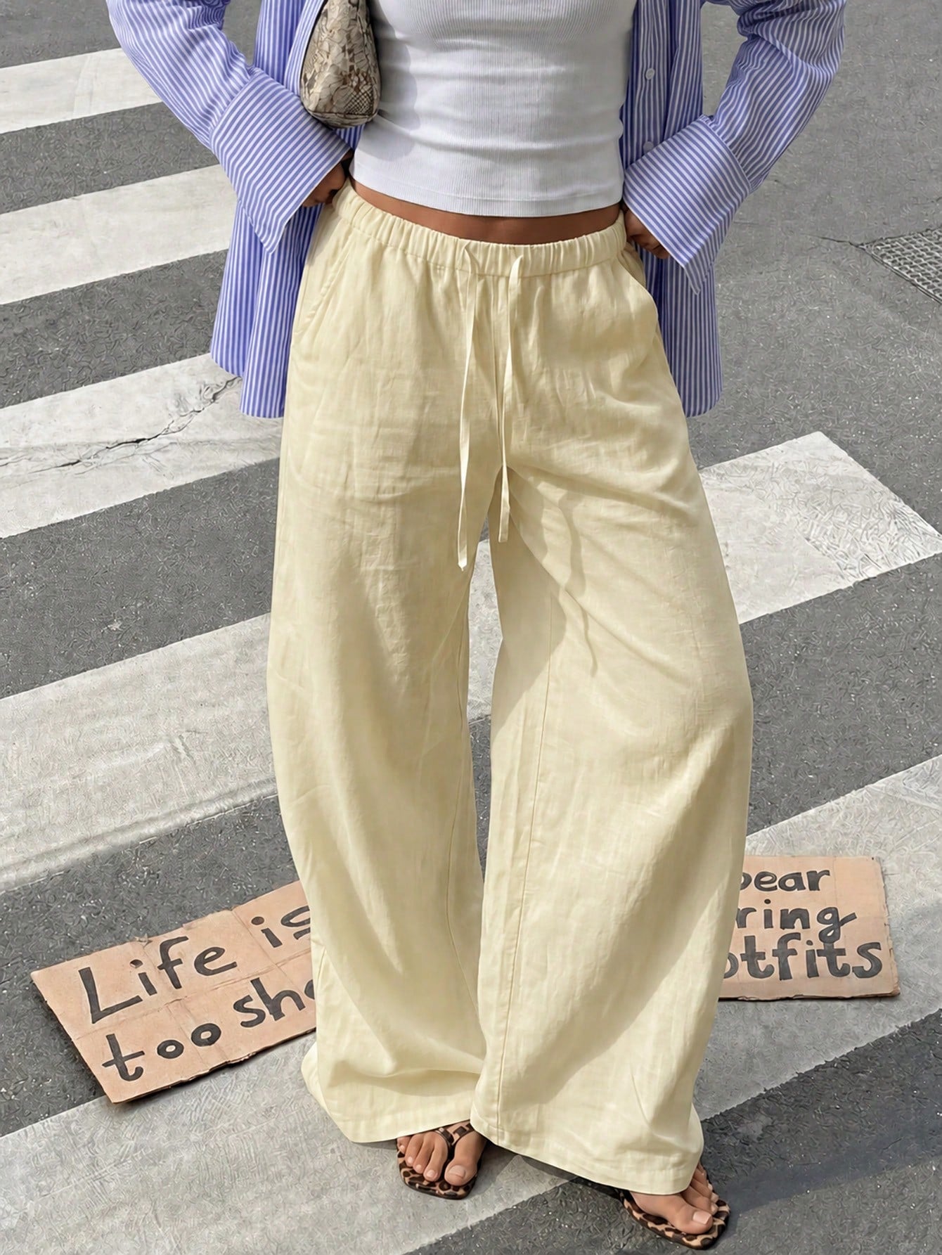 Faux Linen Drawstring Waist Wide Leg Long Pants