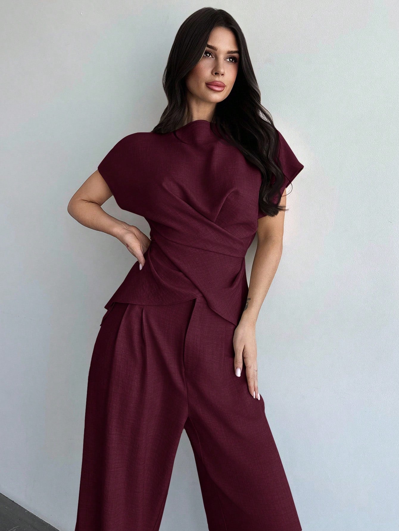 Women's Elegant Commuter Wrap Bustier Corset Top And Flare Leg Pants shein