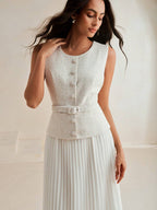 Women's Elegant Retro Patchwork Chiffon 2 In 1 Pleated Dress shein