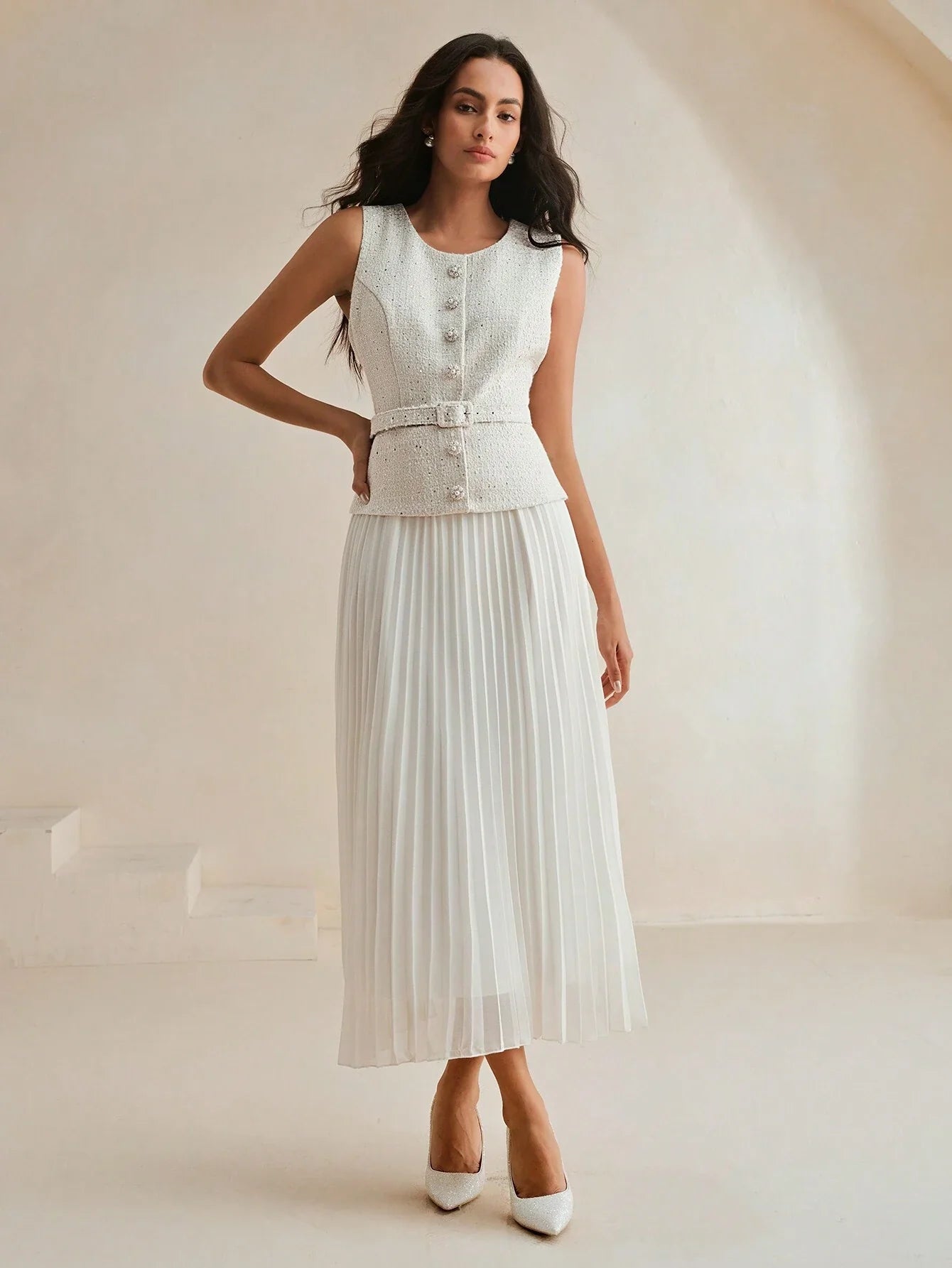 Women's Elegant Retro Patchwork Chiffon 2 In 1 Pleated Dress shein