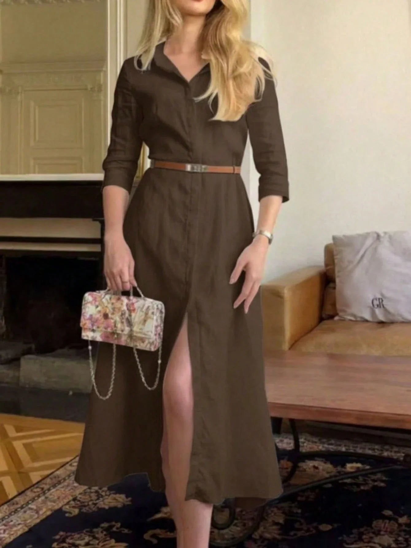 Women's Elegant Shirt Collar Long Sleeve Dress shein