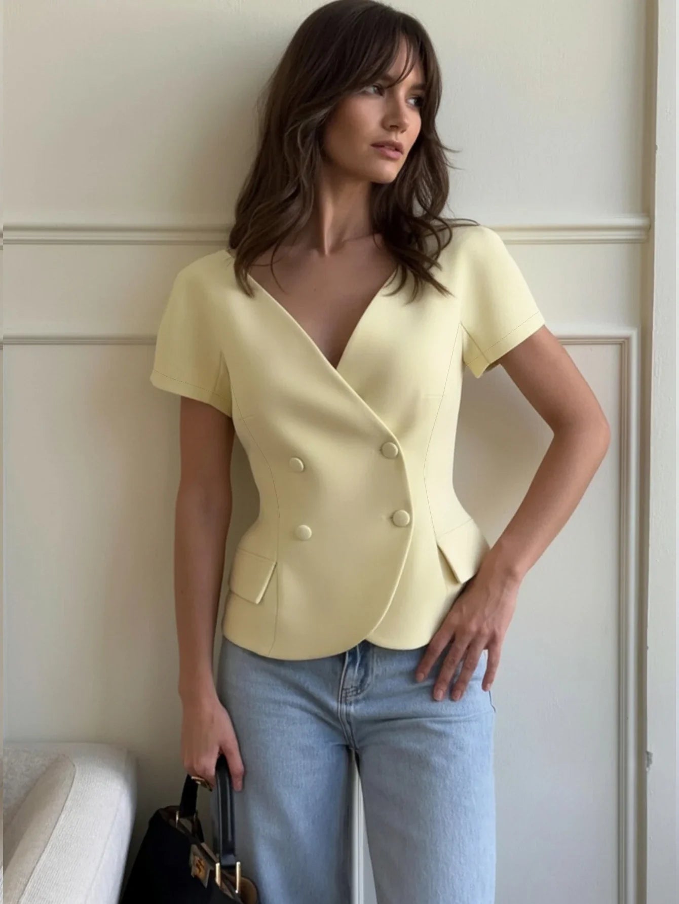 V-Neck Short Sleeve Double-Breasted Front Closure Blouse shein