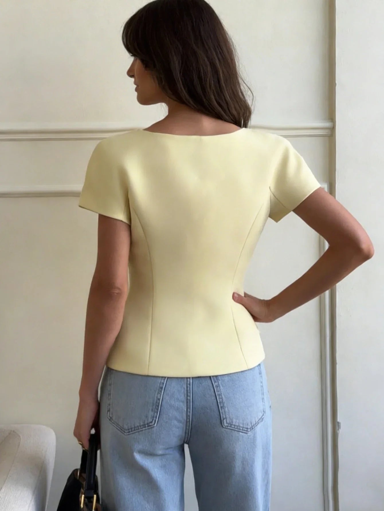 V-Neck Short Sleeve Double-Breasted Front Closure Blouse shein