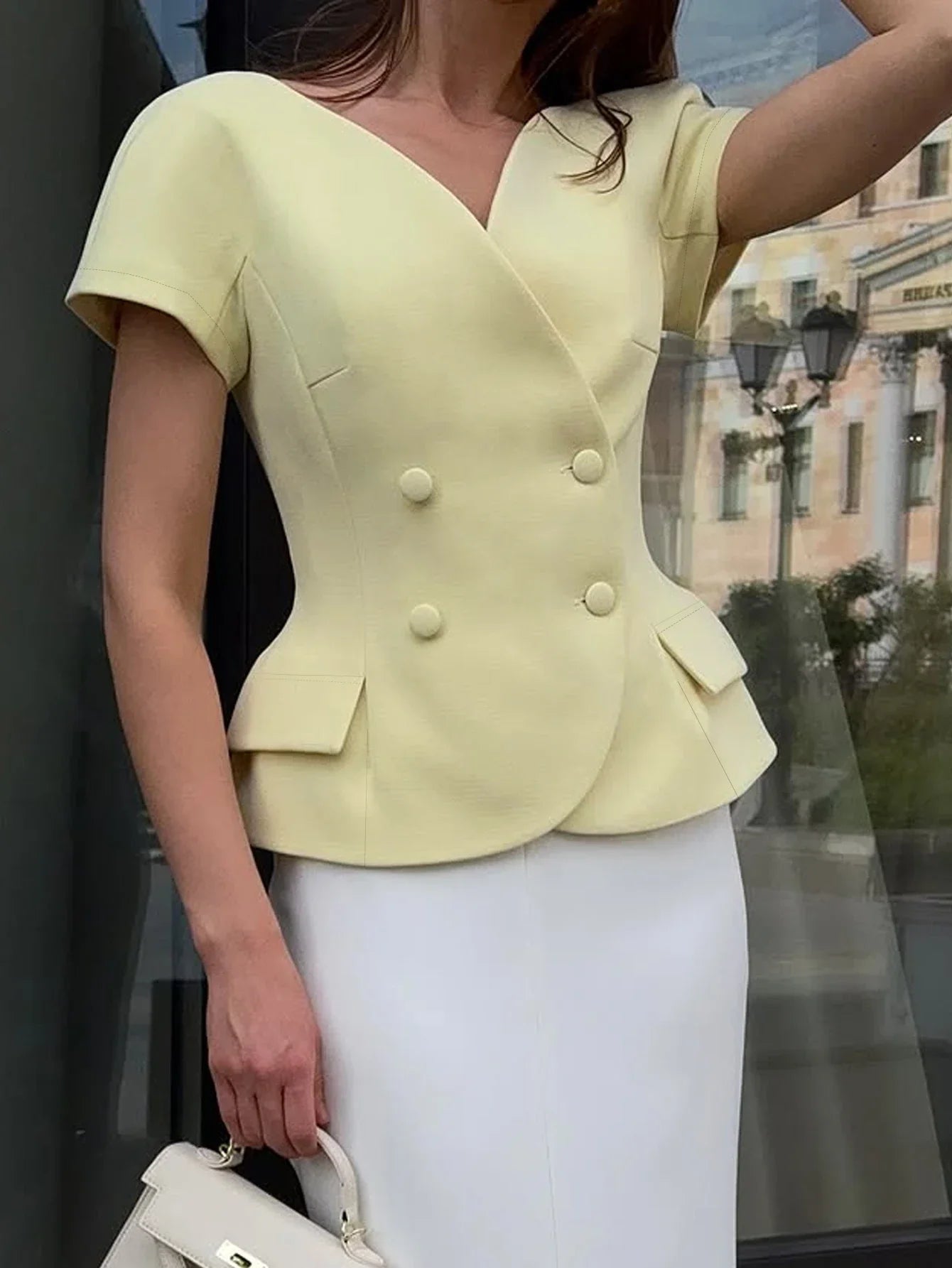 V-Neck Short Sleeve Double-Breasted Front Closure Blouse shein