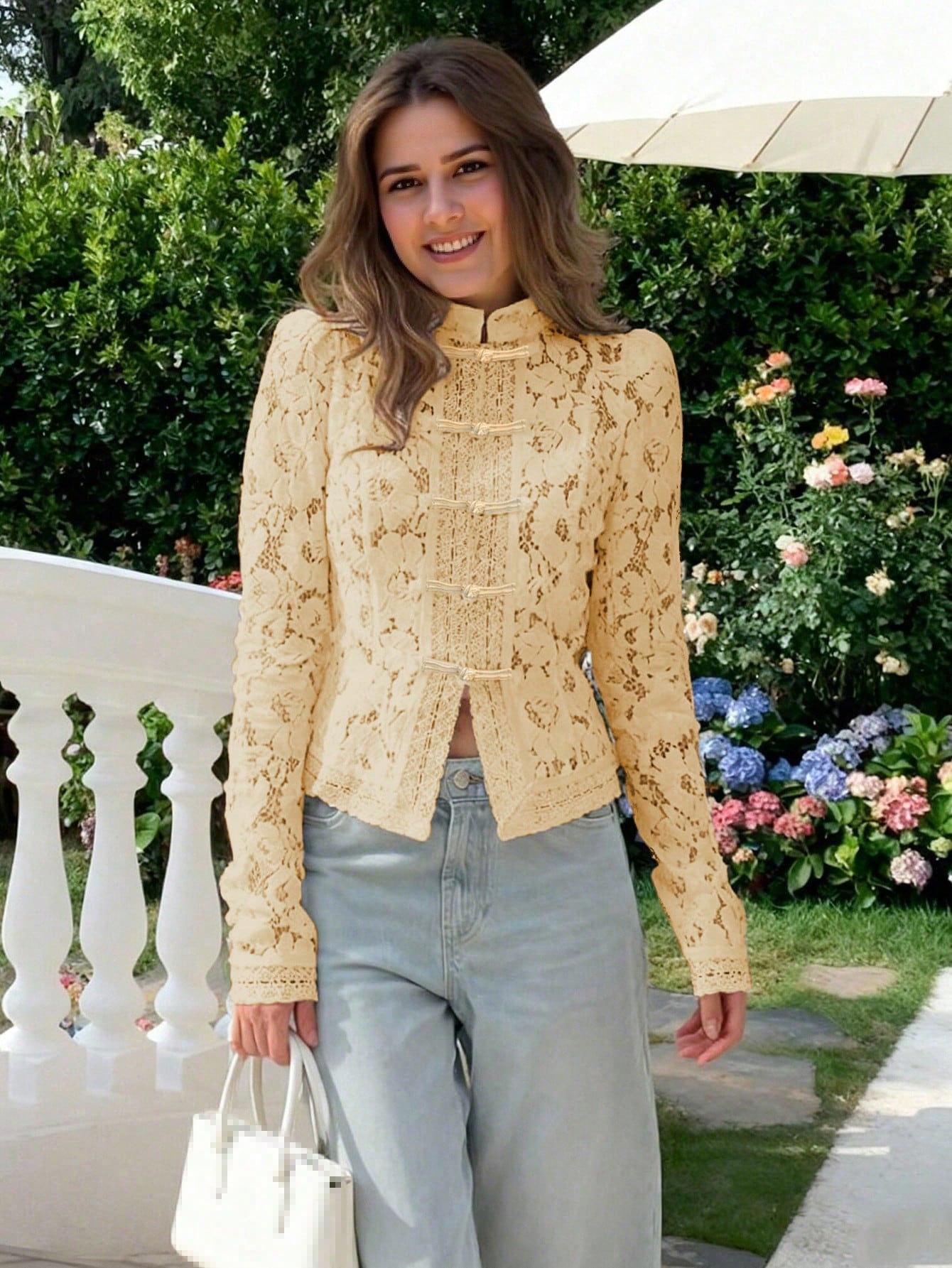 Women's Elegant Semi-Sheer Top With Stand Collar And Long Leg-Of-Mutton Sleeves shein