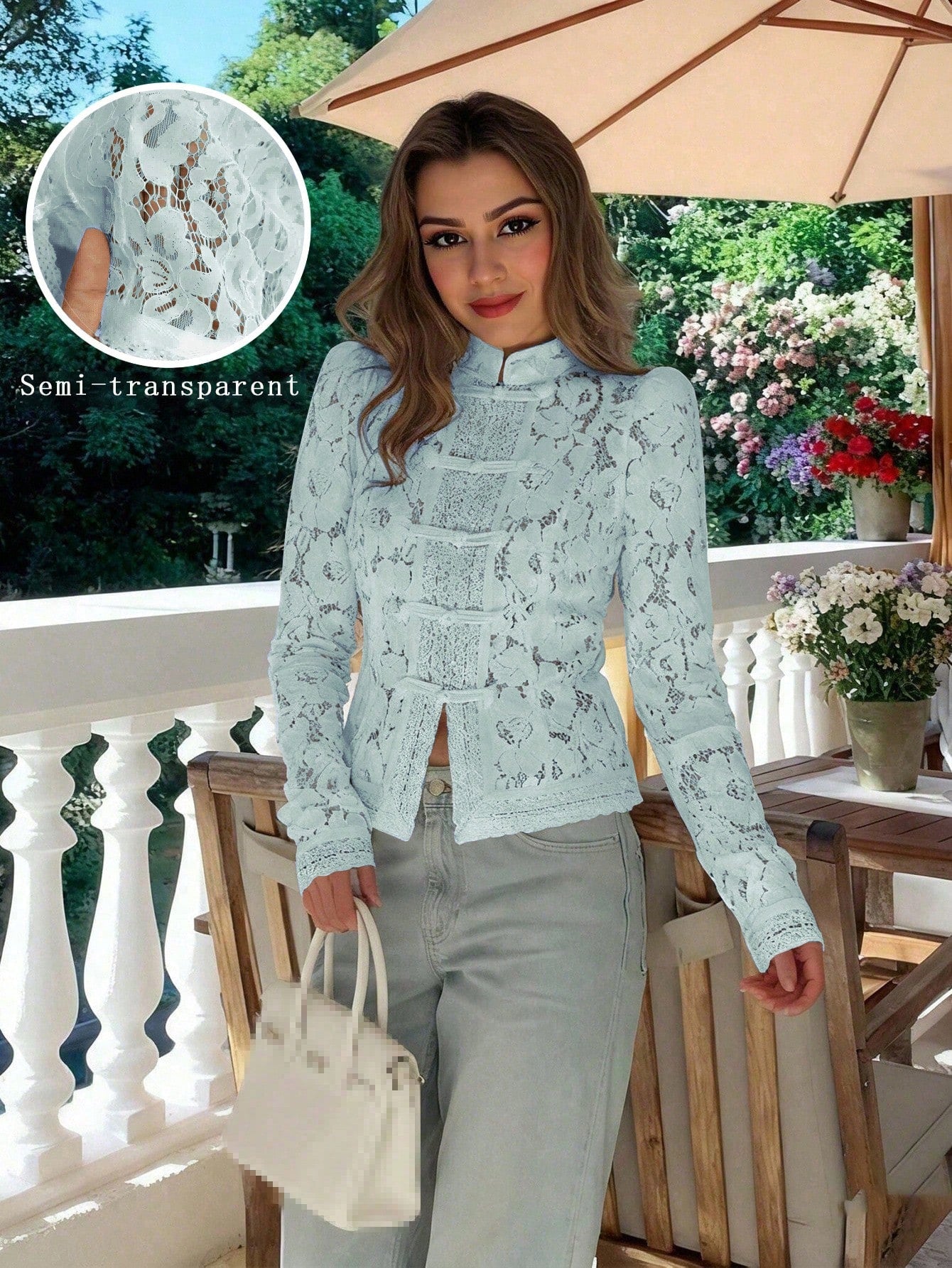 Women's Elegant Semi-Sheer Top With Stand Collar And Long Leg-Of-Mutton Sleeves shein