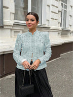 Women's Elegant Semi-Sheer Top With Stand Collar And Long Leg-Of-Mutton Sleeves shein