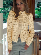 Women's Elegant Semi-Sheer Top With Stand Collar And Long Leg-Of-Mutton Sleeves shein