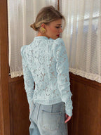 Women's Elegant Semi-Sheer Top With Stand Collar And Long Leg-Of-Mutton Sleeves shein