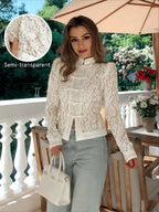 Women's Elegant Semi-Sheer Top With Stand Collar And Long Leg-Of-Mutton Sleeves shein