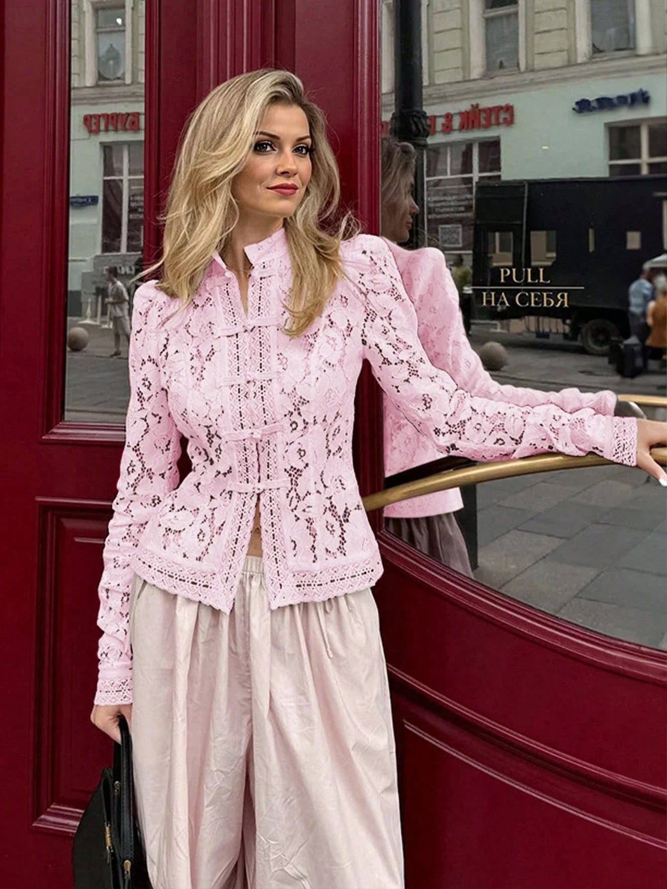 Women's Elegant Semi-Sheer Top With Stand Collar And Long Leg-Of-Mutton Sleeves shein
