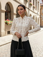Women's Elegant Semi-Sheer Top With Stand Collar And Long Leg-Of-Mutton Sleeves shein