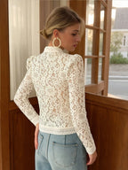 Women's Elegant Semi-Sheer Top With Stand Collar And Long Leg-Of-Mutton Sleeves shein