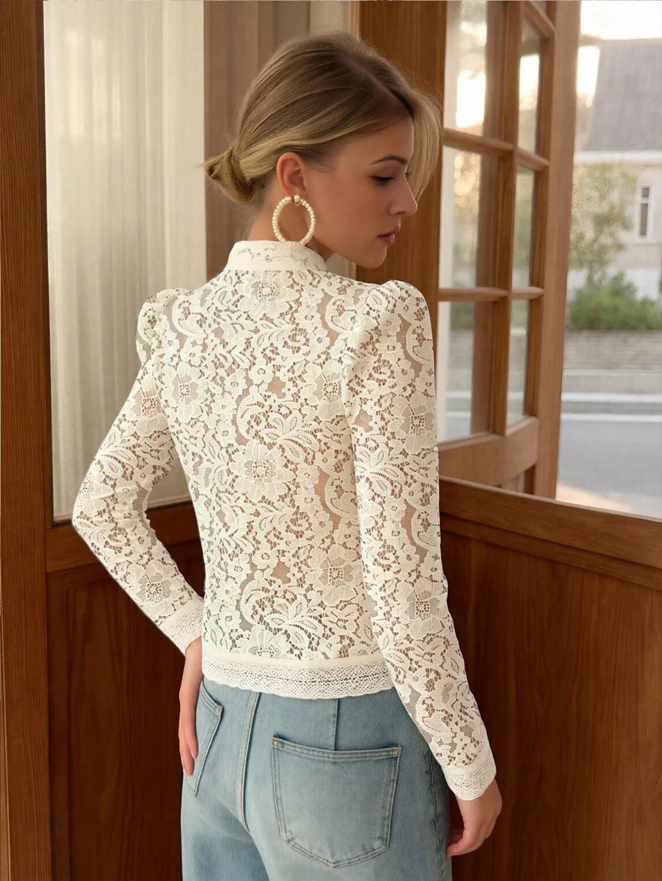 Women's Elegant Semi-Sheer Top With Stand Collar And Long Leg-Of-Mutton Sleeves shein