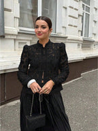 Women's Elegant Semi-Sheer Top With Stand Collar And Long Leg-Of-Mutton Sleeves shein