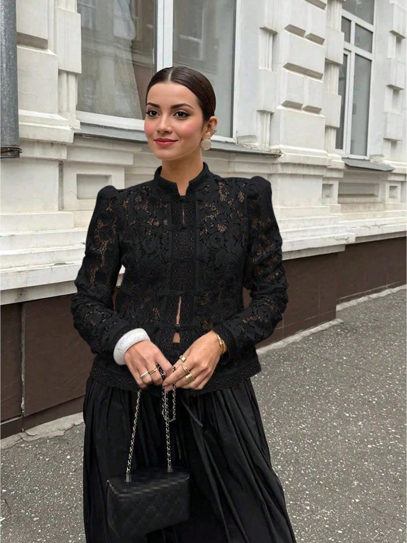 Women's Elegant Semi-Sheer Top With Stand Collar And Long Leg-Of-Mutton Sleeves shein