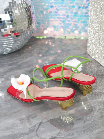Women's Fashion Floral Open Toe Strap Mid Heel Sandals