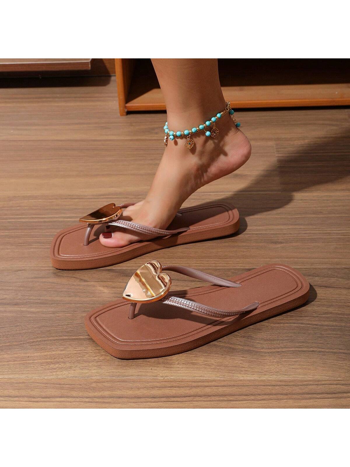 Women's Fashion Heart Buckle Glitter Flip Flops shein