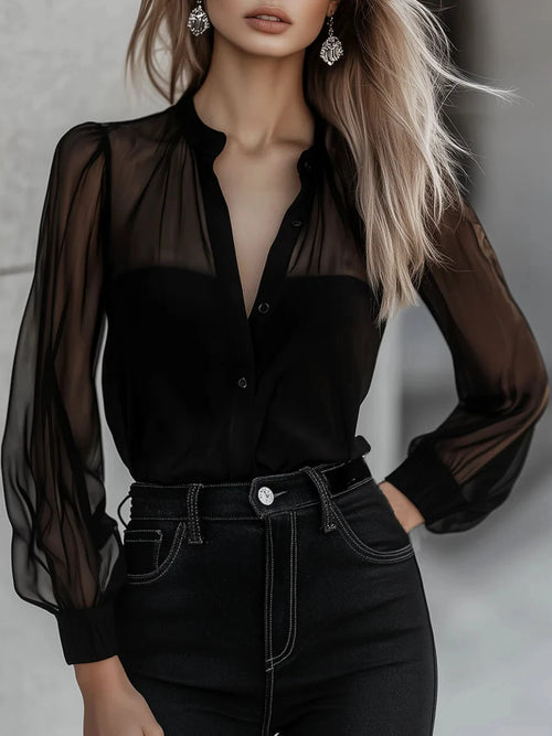Solid Color Long Sleeve Single-Breasted Fashionable Elegant Versatile Blouse shein