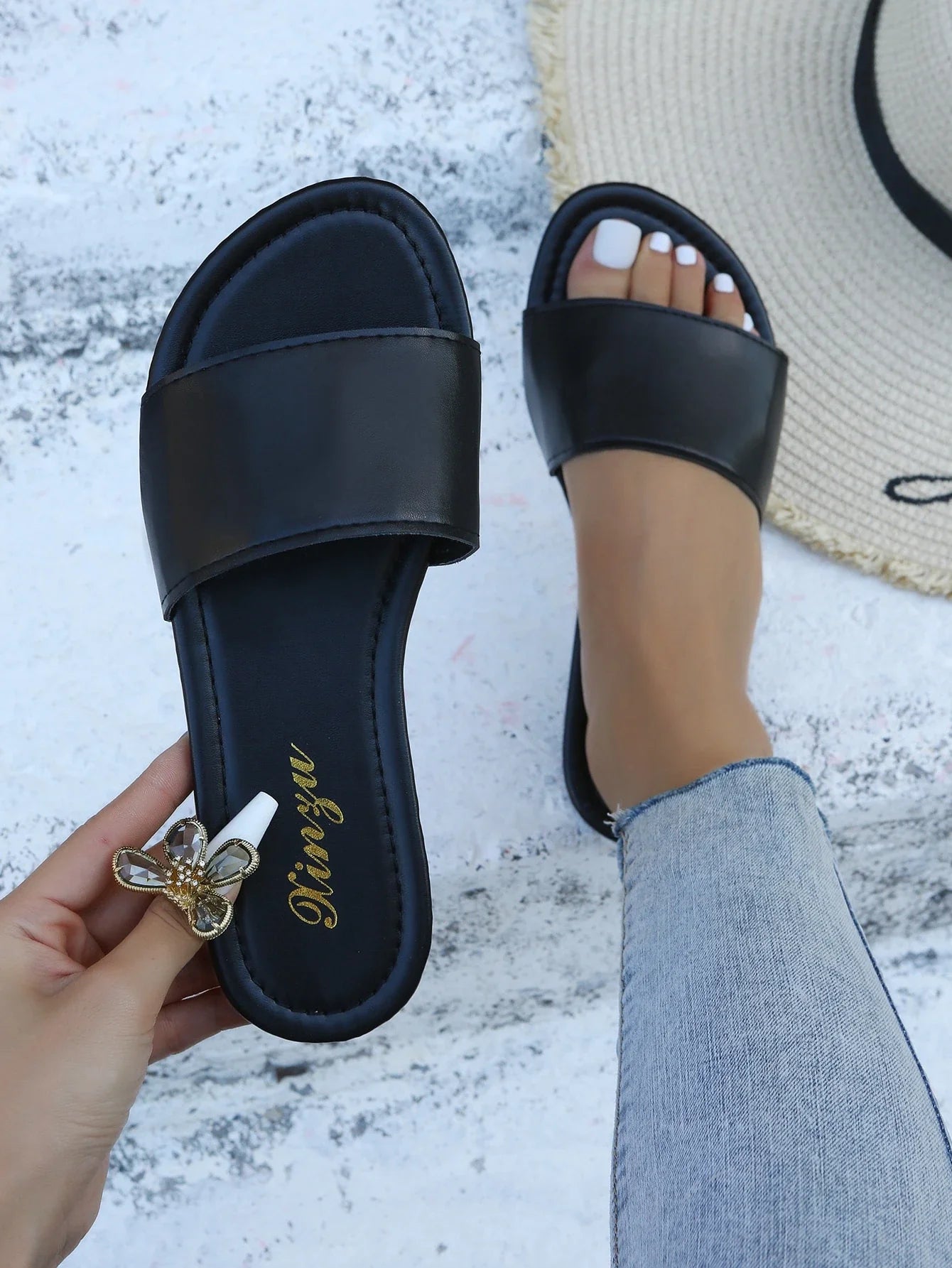 Rhinestone Embellished Luxury Pearl Decorated Slip-On Sandals shein