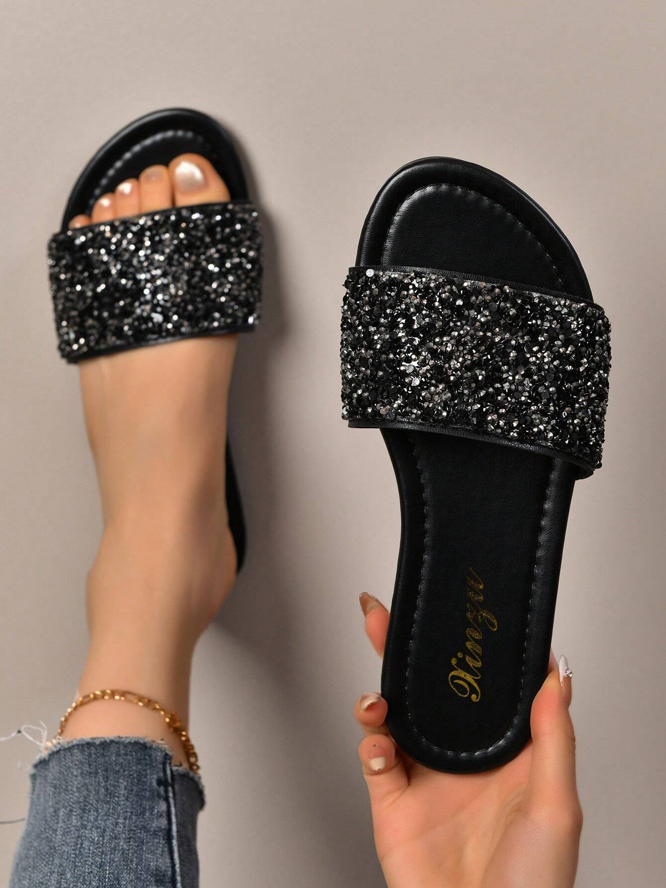 Rhinestone Embellished Luxury Pearl Decorated Slip-On Sandals shein