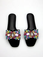 Butterfly Shaped Rhinestone Buckle Black Suede Fashion Square Toe Daily Party Flat shein