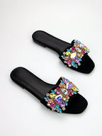 Butterfly Shaped Rhinestone Buckle Black Suede Fashion Square Toe Daily Party Flat shein