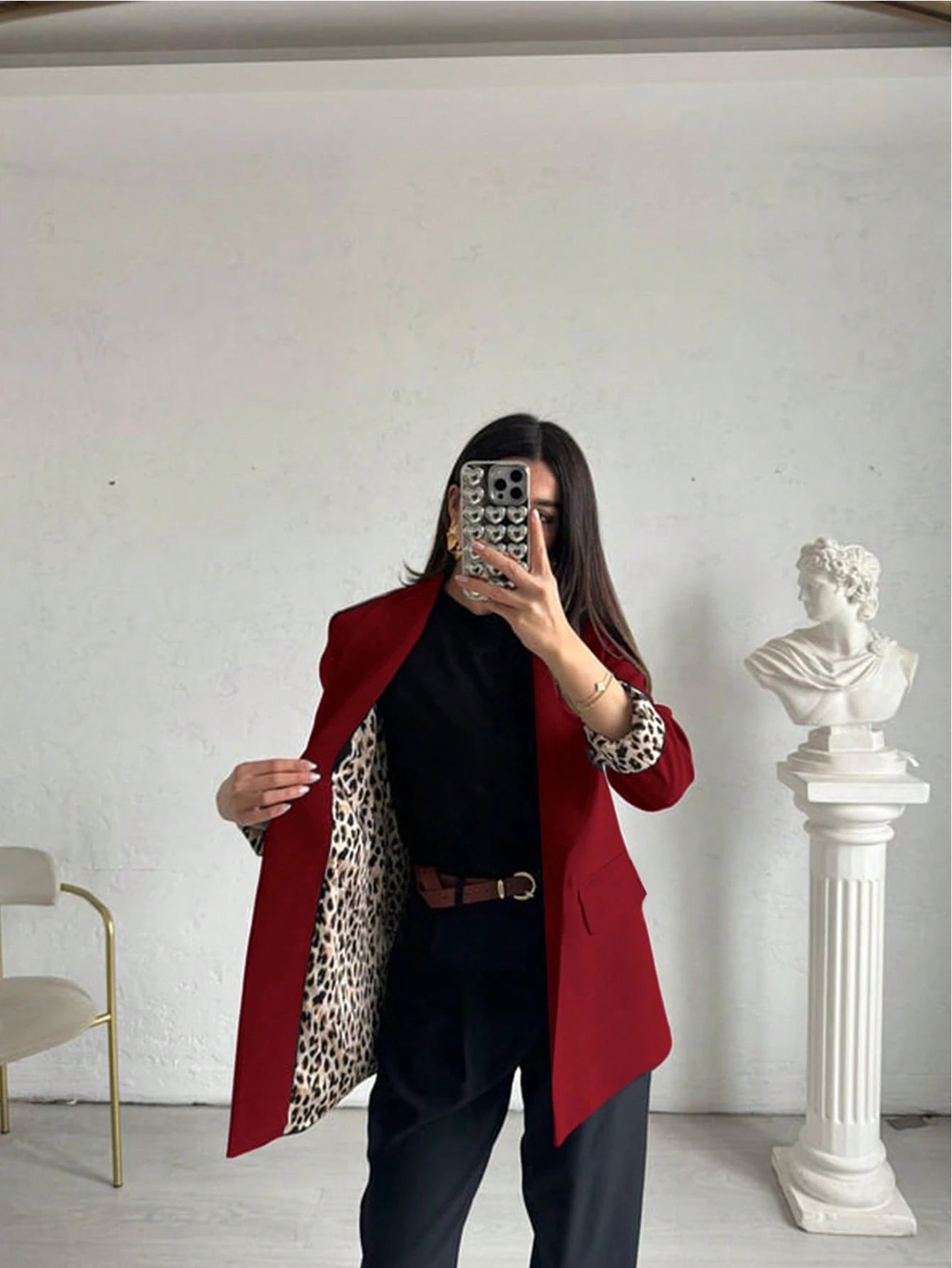 Women's Lightweight Leopard Print Casual Loose Blazer Jacket, With Contrast Color Lining