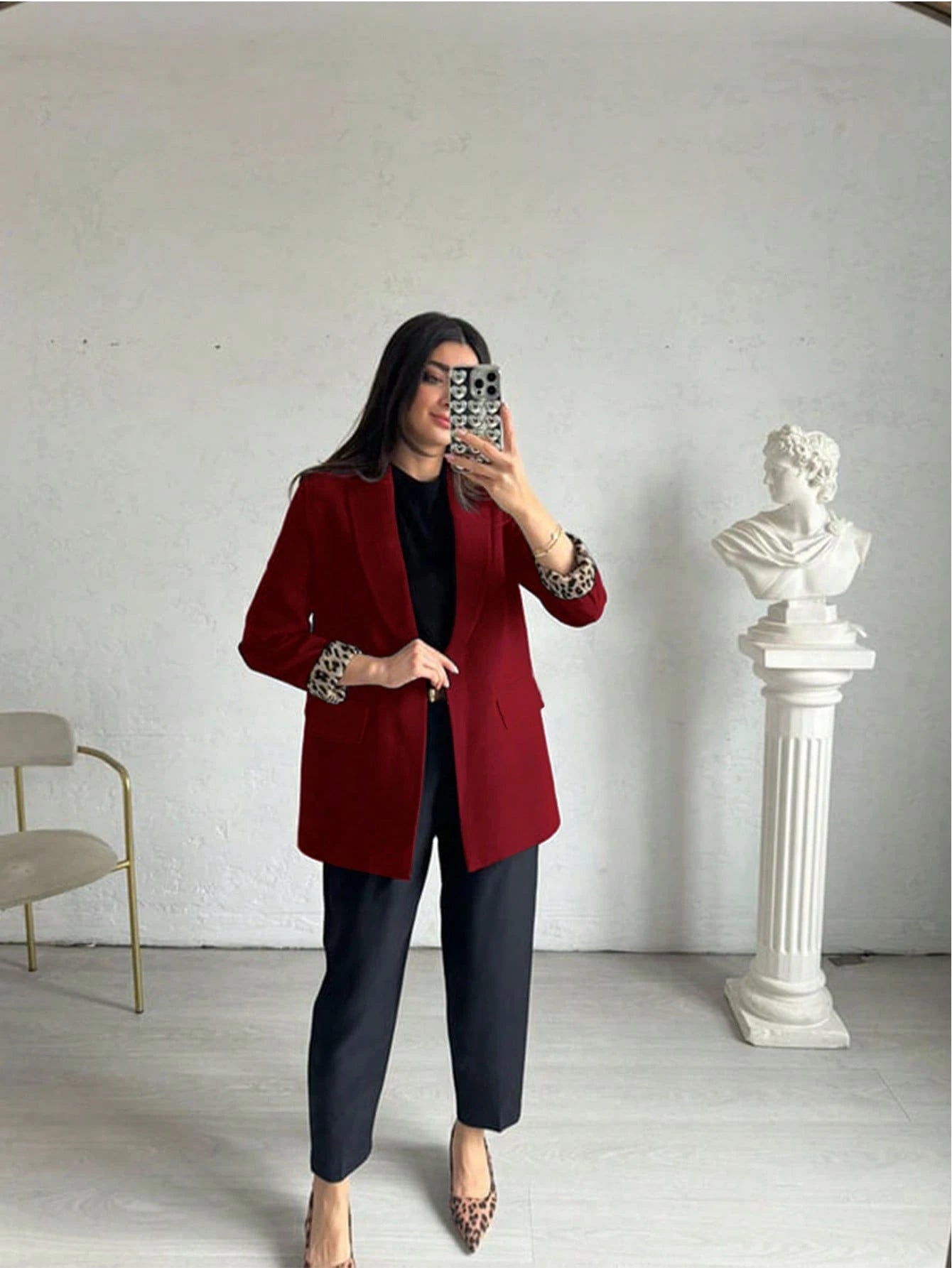 Women's Lightweight Leopard Print Casual Loose Blazer Jacket, With Contrast Color Lining