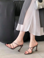 Rhinestone Decorated Satin Peep Toe Sexy Criss-Cross Strap High Heel Sandals shein