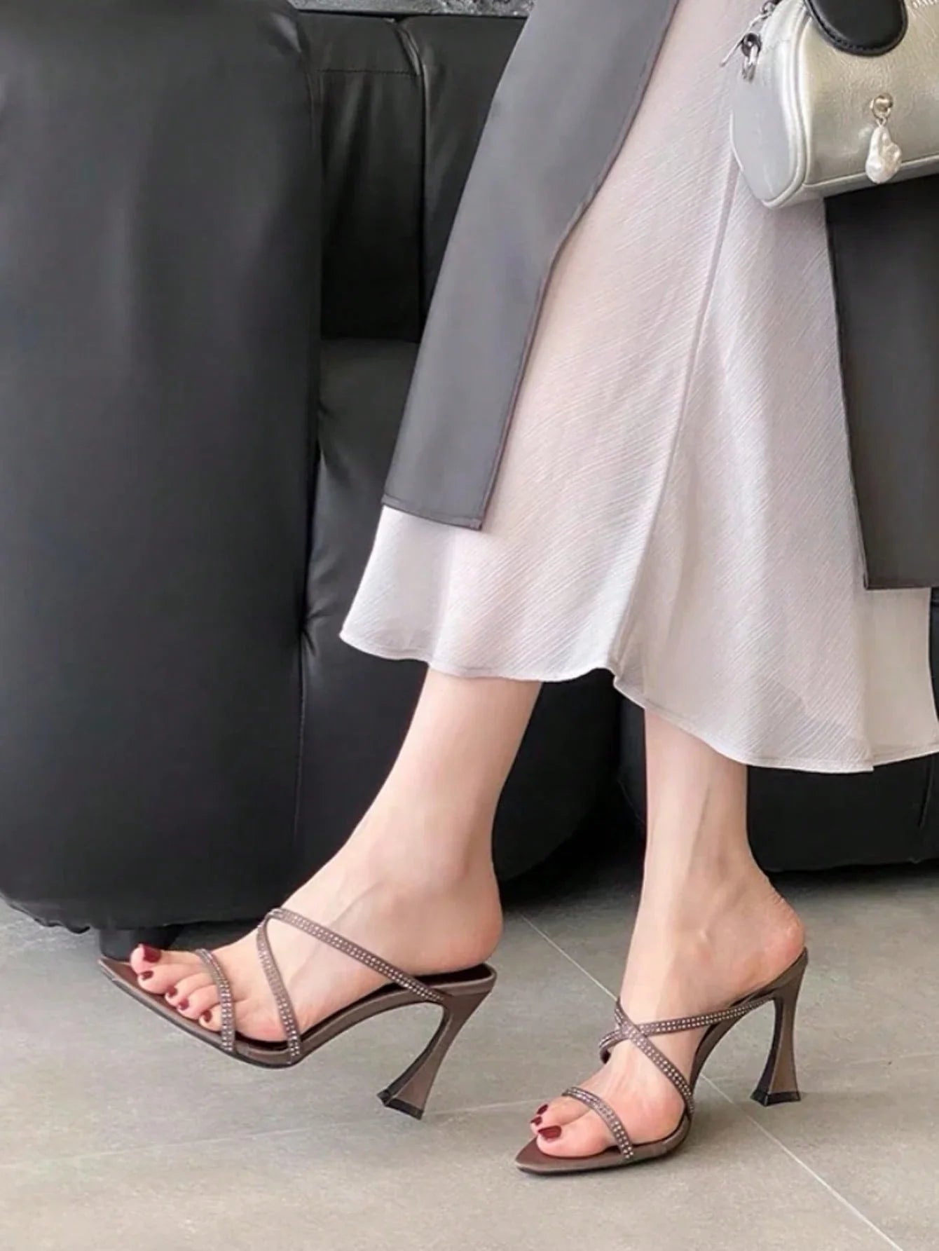 Rhinestone Decorated Satin Peep Toe Sexy Criss-Cross Strap High Heel Sandals shein