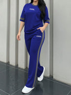 Round Neck Short Sleeve T-Shirt And Elastic Waist Loose Pants shein