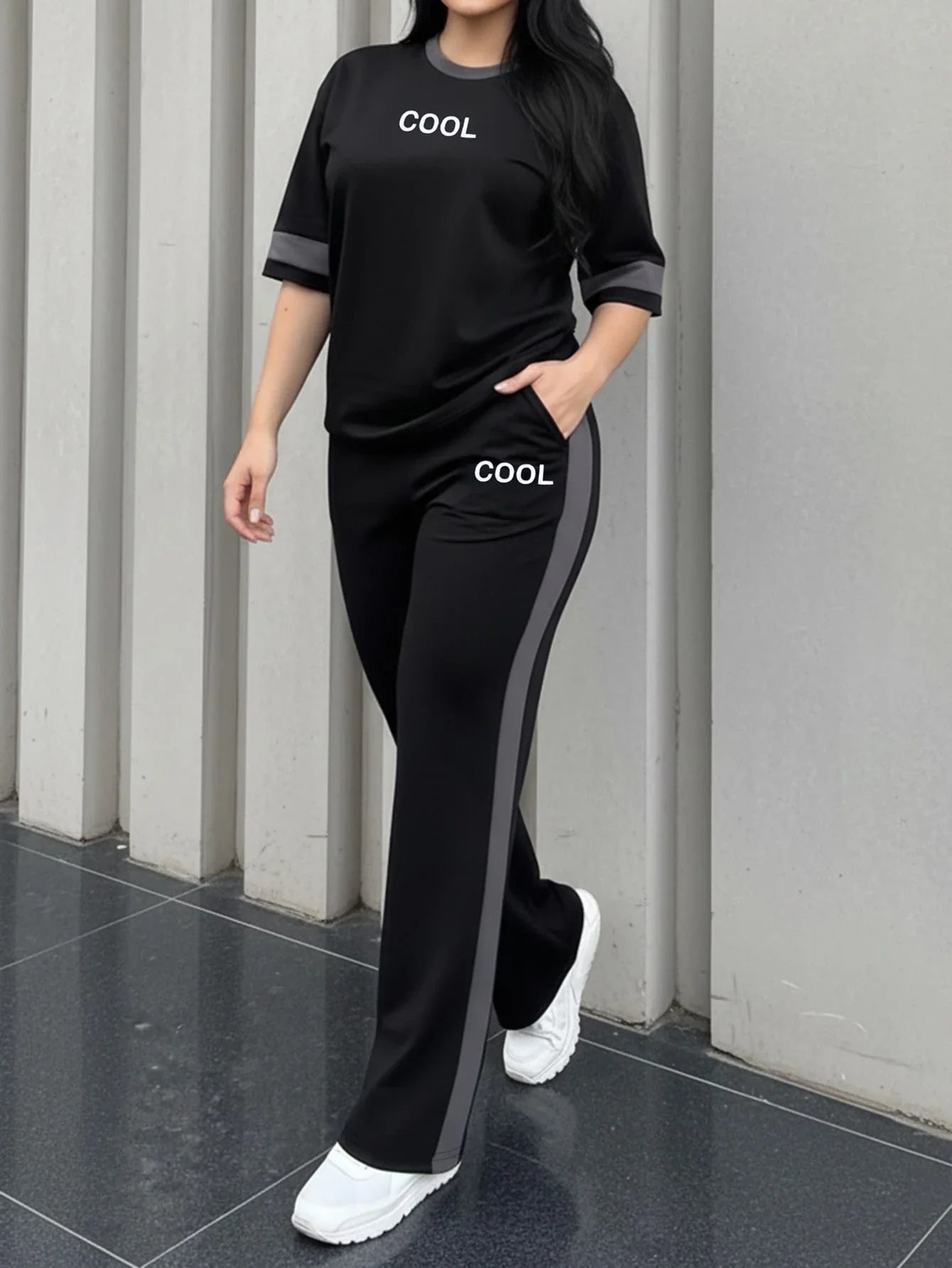 Round Neck Short Sleeve T-Shirt And Elastic Waist Loose Pants shein