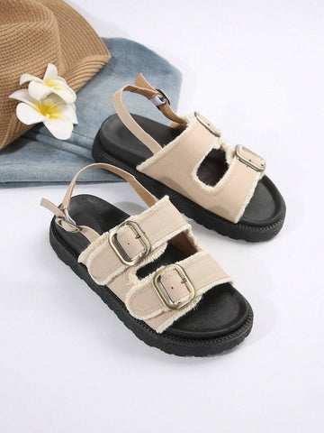 Women's Bohemian Printed Thick Heel Wedge Sandals With Tassel Trim And Buckle Strap