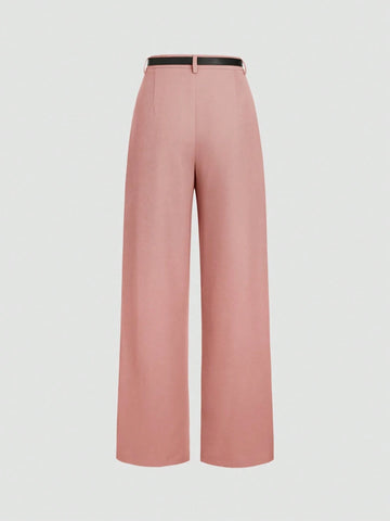 Women's High-Waisted Loose Pleat Front Straight Leg Pants With Belt