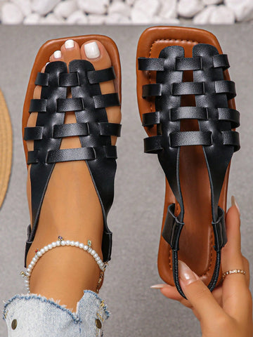 Women's Vintage Style Woven Hollow Closed Toe Chunky Heeled Sandals