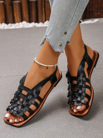 Women's Vintage Style Woven Hollow Closed Toe Chunky Heeled Sandals
