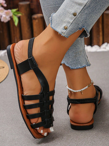 Women's Vintage Style Woven Hollow Closed Toe Chunky Heeled Sandals