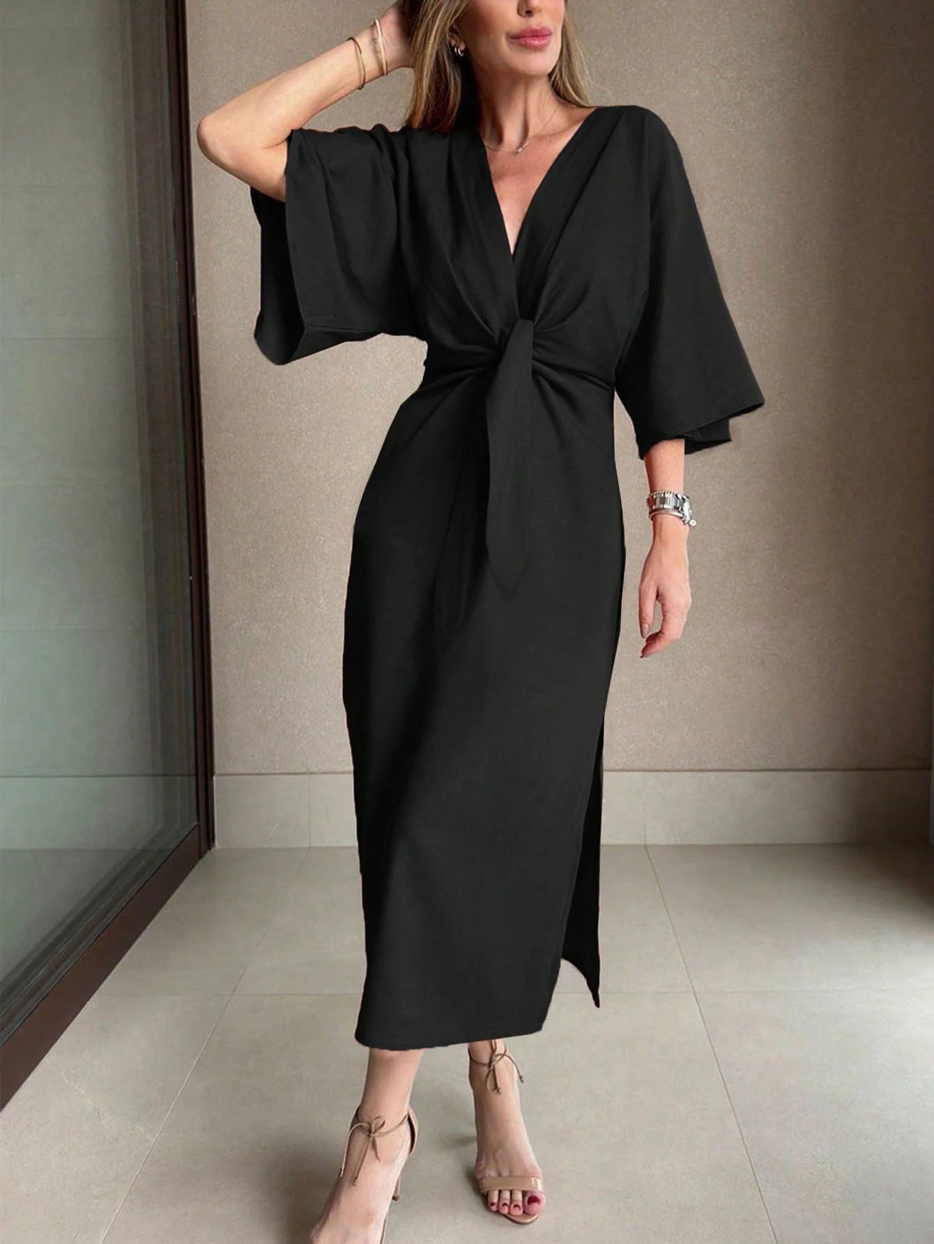 Women's Solid Color Waist Knot 3/4 Sleeve Elegant Midi Dress shein