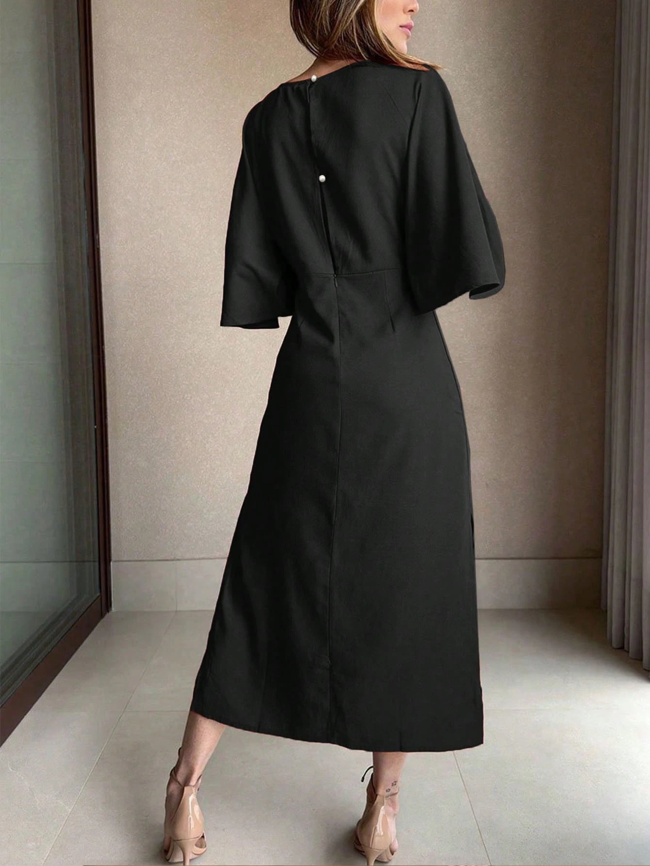 Women's Solid Color Waist Knot 3/4 Sleeve Elegant Midi Dress shein