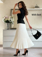 Women's Solid Color Stand Collar Cap Sleeve T-Shirt And Pleated Skirt