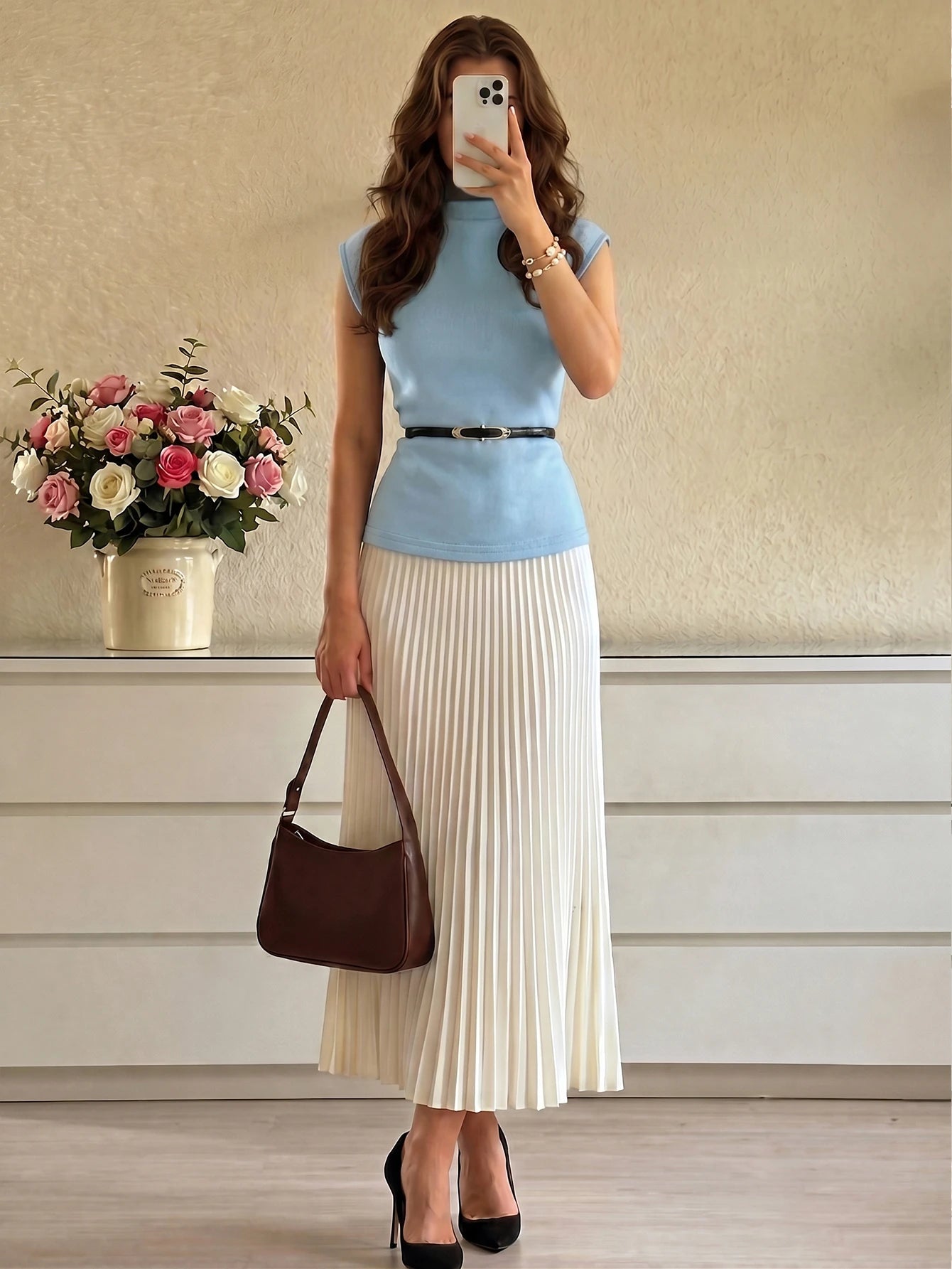 Women's Solid Color Stand Collar Cap Sleeve T-Shirt And Pleated Skirt shein