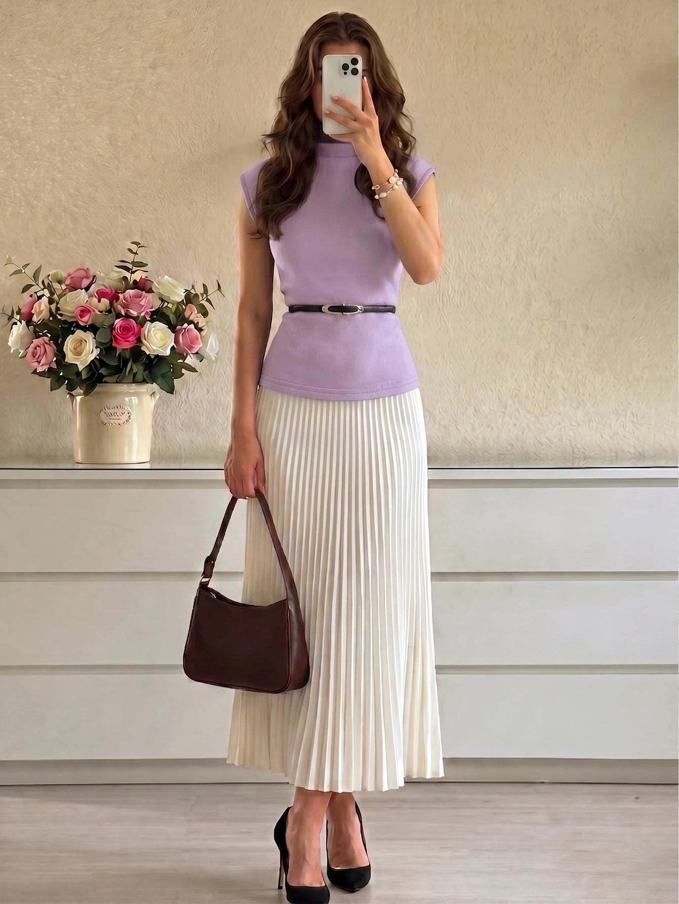 Women's Solid Color Stand Collar Cap Sleeve T-Shirt And Pleated Skirt shein