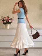 Women's Solid Color Stand Collar Cap Sleeve T-Shirt And Pleated Skirt