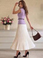 Women's Solid Color Stand Collar Cap Sleeve T-Shirt And Pleated Skirt